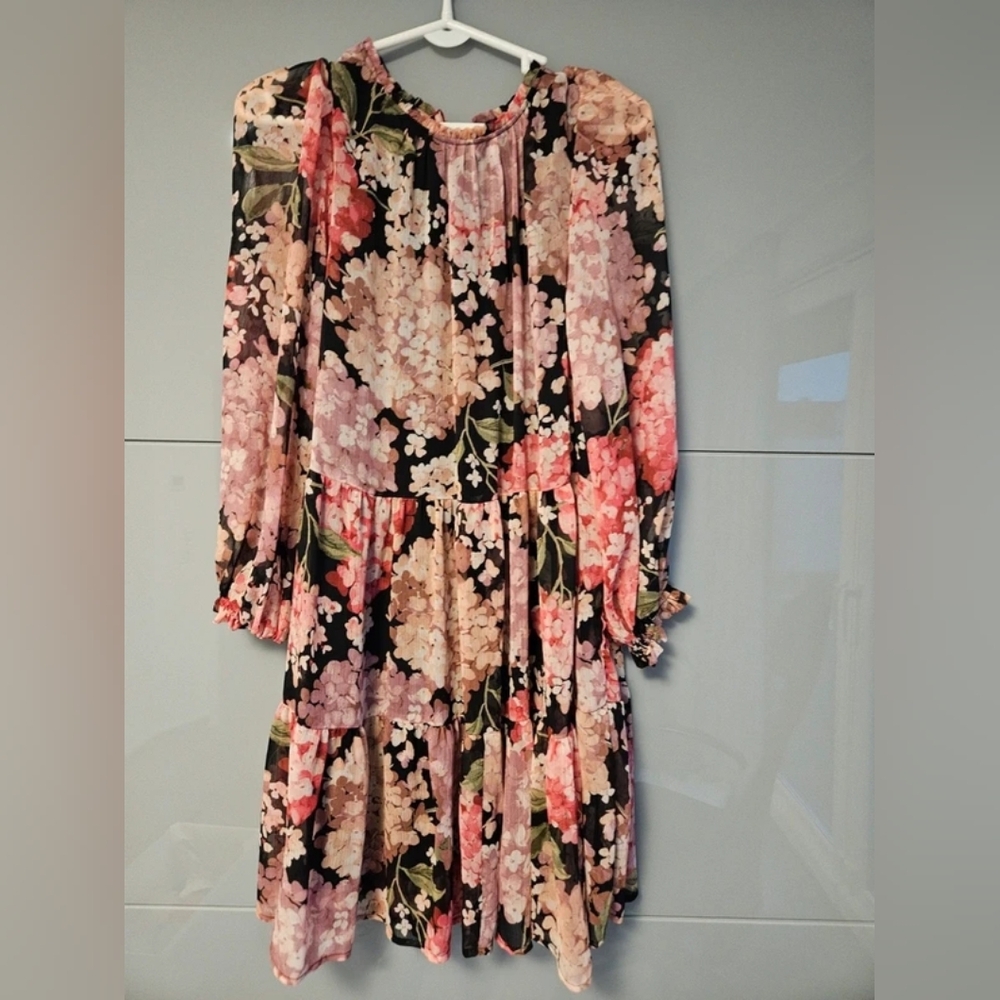 Floral Tiered Long-Sleeve Dress in Black and Pink